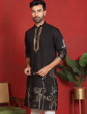 cotton silk zari placement embroidered detail daman work black kurta 1