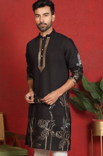 cotton silk zari placement embroidered detail daman work black kurta