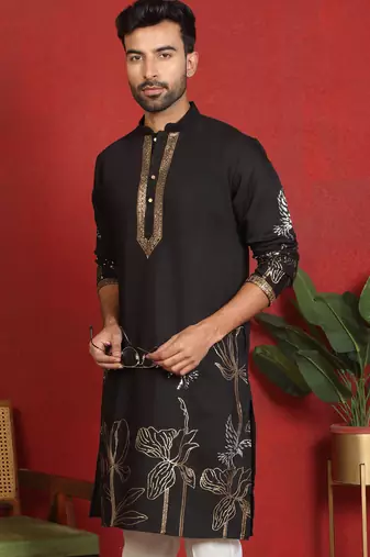 cotton silk zari placement embroidered detail daman work black kurta