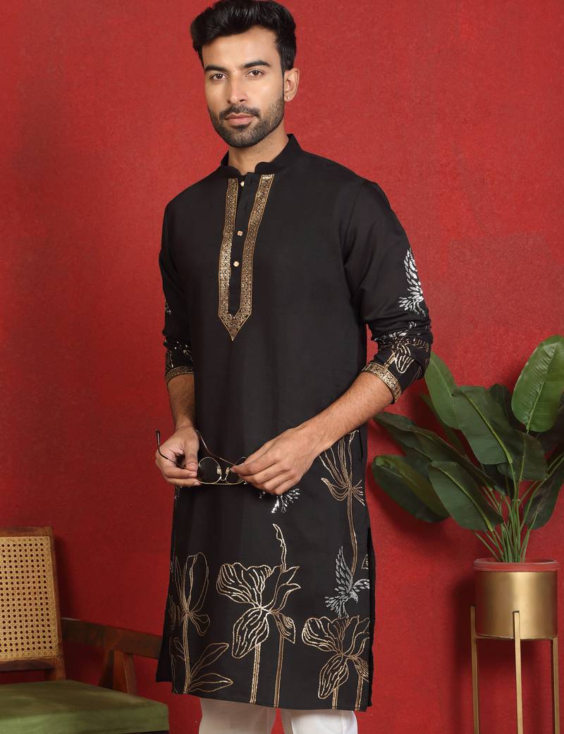 cotton silk zari placement embroidered detail daman work black kurta