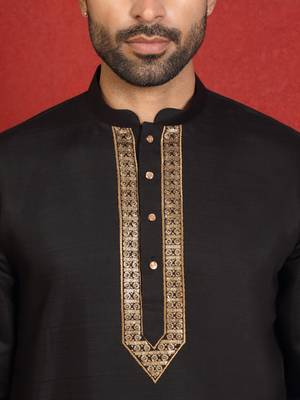 cotton silk zari placement embroidered detail daman work black kurta 2
