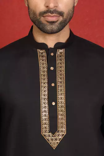 cotton silk zari placement embroidered detail daman work black kurta