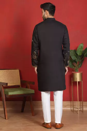 cotton silk zari placement embroidered detail daman work black kurta