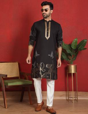 cotton silk zari placement embroidered detail daman work black kurta 4
