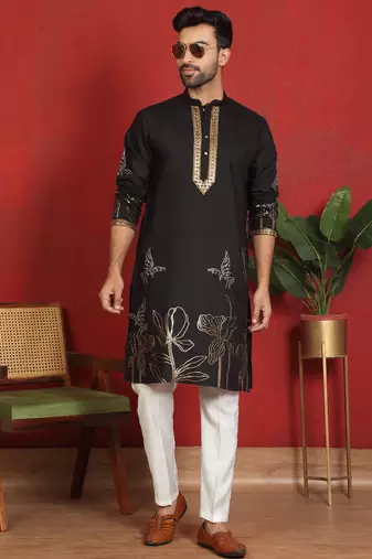 cotton silk zari placement embroidered detail daman work black kurta