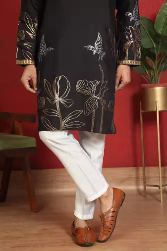 cotton silk zari placement embroidered detail daman work black kurta