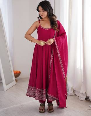 Rani pink roman silk chanderi anarkali suit set 1