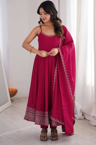 Rani pink roman silk chanderi anarkali suit set