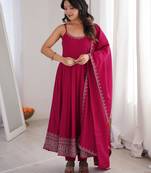 Rani pink roman silk chanderi anarkali suit set