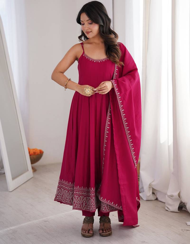 Rani pink roman silk chanderi anarkali suit set