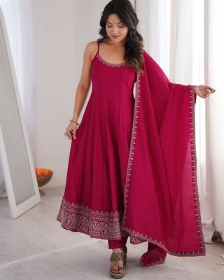 Rani pink roman silk chanderi anarkali suit set 2