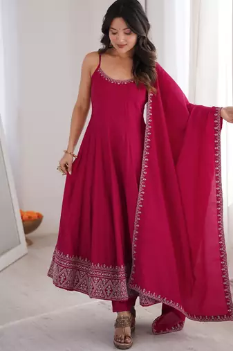 Rani pink roman silk chanderi anarkali suit set