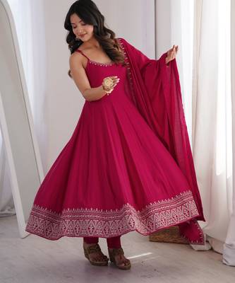 Rani pink roman silk chanderi anarkali suit set 3