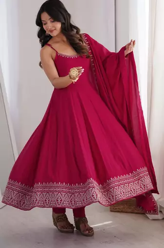 Rani pink roman silk chanderi anarkali suit set