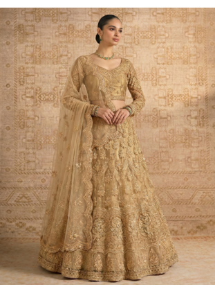 Golden Butterfly Net fabric with Embroidered, Resham, Sequence, Thread work Lehengas For Your Wedding Look 1