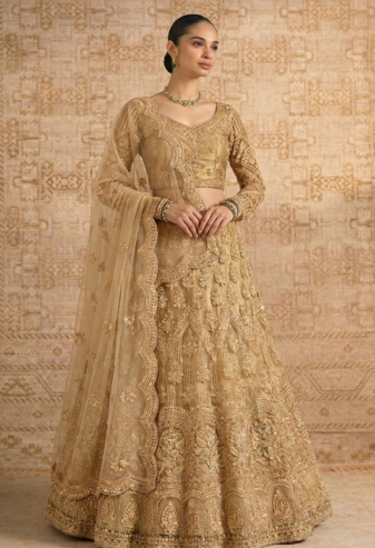 Golden Butterfly Net fabric with Embroidered  Resham  Sequence  Thread work Lehengas For Your Wedding Look