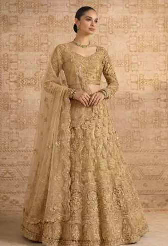 Golden Butterfly Net fabric with Embroidered, Resham, Sequence, Thread work Lehengas For Your Wedding Look