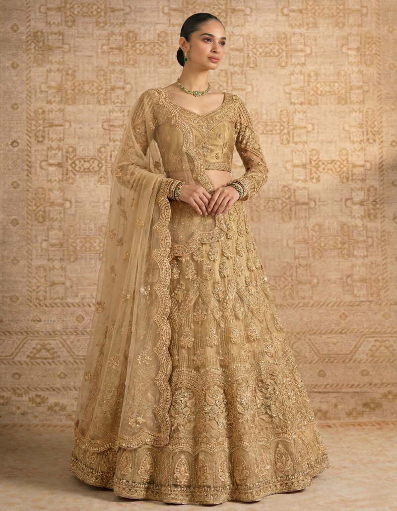 Golden Butterfly Net fabric with Embroidered, Resham, Sequence, Thread work Lehengas For Your Wedding Look