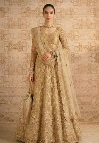 Golden Butterfly Net fabric with Embroidered, Resham, Sequence, Thread work Lehengas For Your Wedding Look