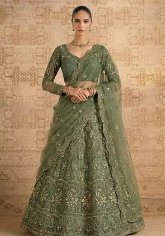 Green Butterfly Net fabric with Embroidered, Resham, Sequence, Thread work Lehengas For Your Wedding Look