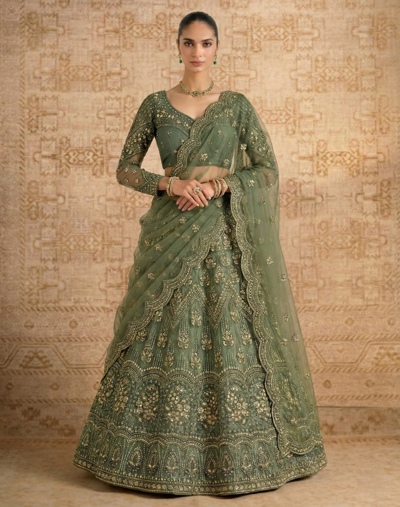 Green Butterfly Net fabric with Embroidered, Resham, Sequence, Thread work Lehengas For Your Wedding Look