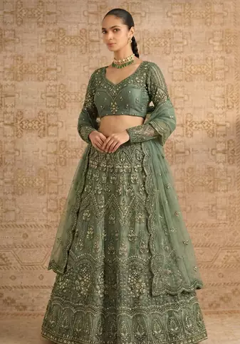 Green Butterfly Net fabric with Embroidered, Resham, Sequence, Thread work Lehengas For Your Wedding Look