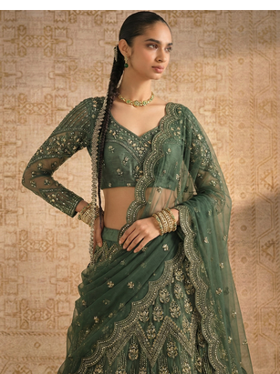Green Butterfly Net fabric with Embroidered, Resham, Sequence, Thread work Lehengas For Your Wedding Look 3