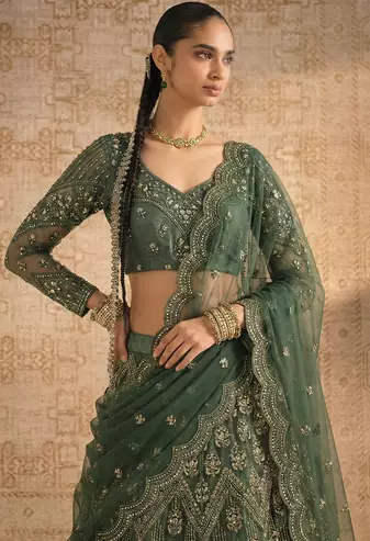 Green Butterfly Net fabric with Embroidered, Resham, Sequence, Thread work Lehengas For Your Wedding Look
