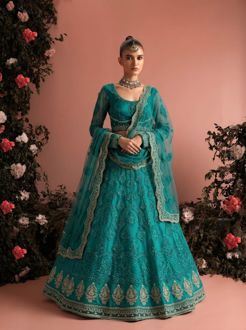 Teal Blue Net Embroidered Wedding-Wear Reception Lehenga Choli For Women's