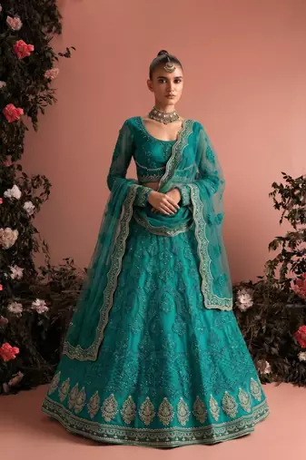 Teal Blue Net Embroidered Wedding-Wear Reception Lehenga Choli For Women's