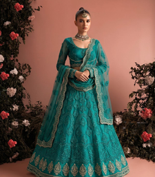 Teal Blue Net Embroidered Wedding-Wear Reception Lehenga Choli For Women's