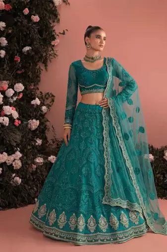 Teal Blue Net Embroidered Wedding-Wear Reception Lehenga Choli For Women's