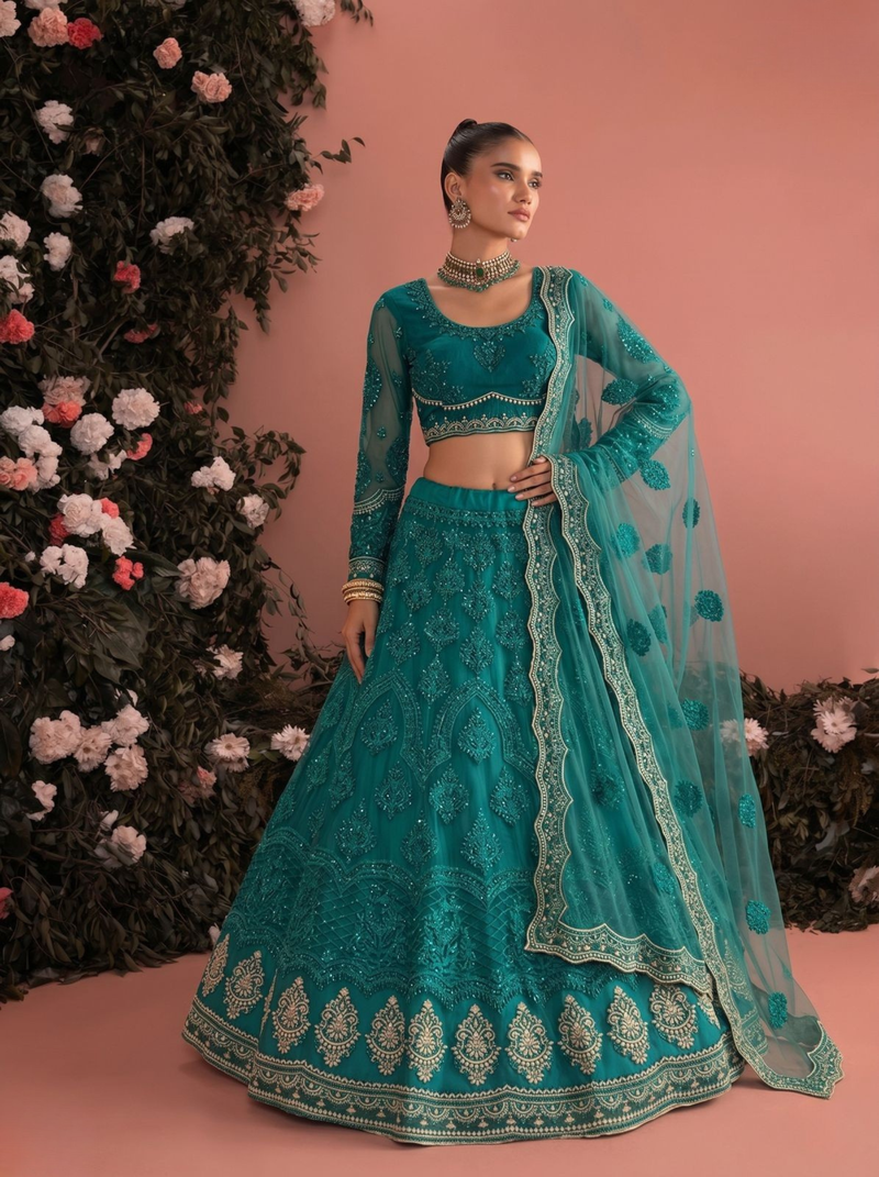 Teal Blue Net Embroidered Wedding-Wear Reception Lehenga Choli For Women's