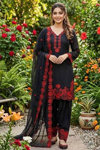 Red crape silk farshi salwar suit with organza dupatta