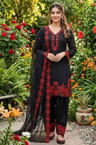 Red crape silk farshi salwar suit with organza dupatta