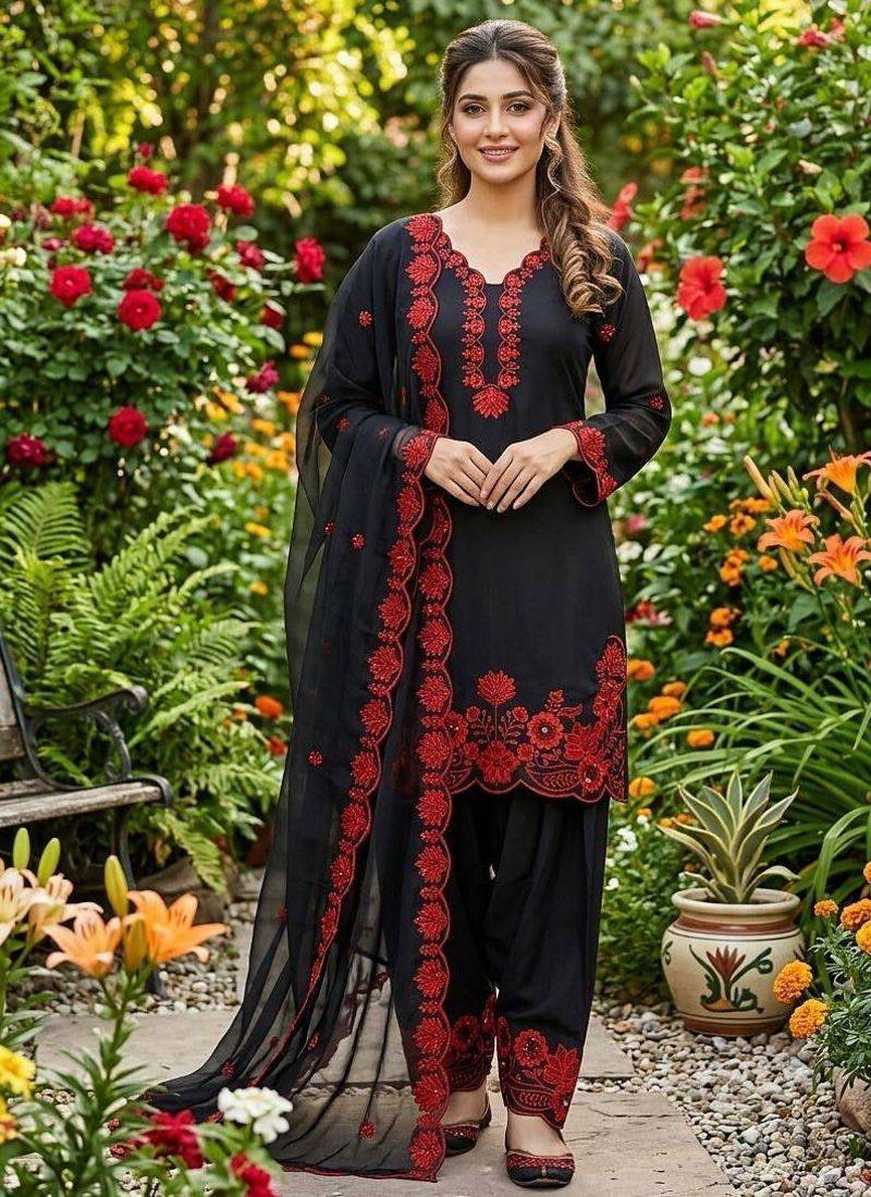 Red crape silk farshi salwar suit with organza dupatta
