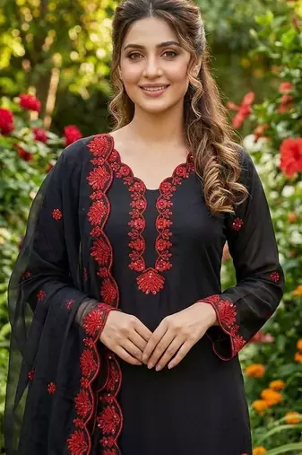 Red crape silk farshi salwar suit with organza dupatta