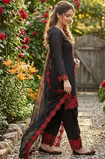 Red crape silk farshi salwar suit with organza dupatta