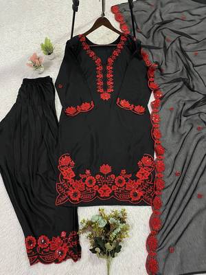 Red crape silk farshi salwar suit with organza dupatta 4