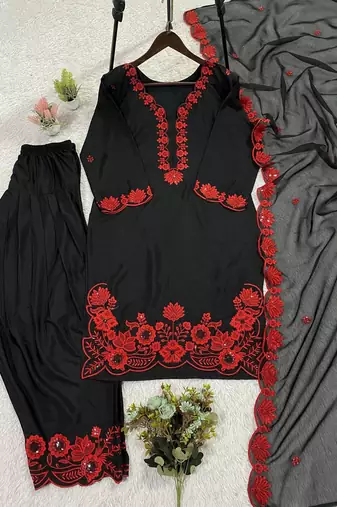 Red crape silk farshi salwar suit with organza dupatta