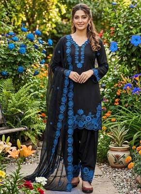 Blue crape silk farshi salwar suit with organza dupatta 1