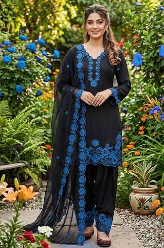 Blue crape silk farshi salwar suit with organza dupatta