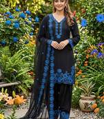 Blue crape silk farshi salwar suit with organza dupatta