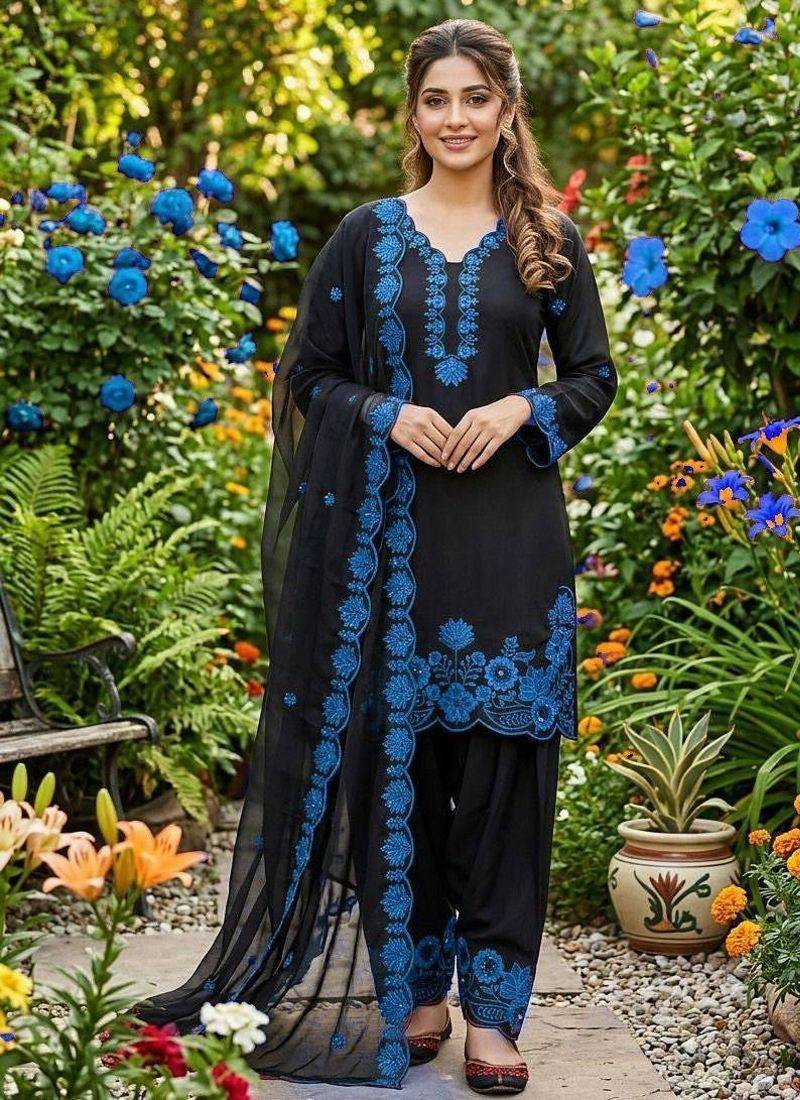 Blue crape silk farshi salwar suit with organza dupatta