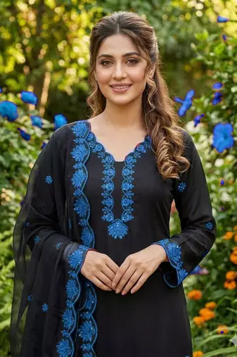 Blue crape silk farshi salwar suit with organza dupatta
