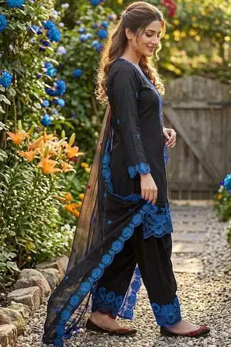 Blue crape silk farshi salwar suit with organza dupatta