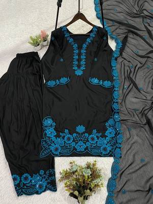 Blue crape silk farshi salwar suit with organza dupatta 4