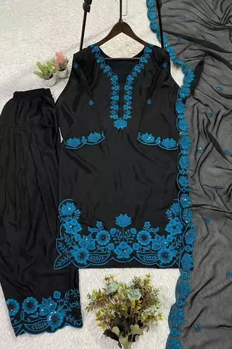 Blue crape silk farshi salwar suit with organza dupatta