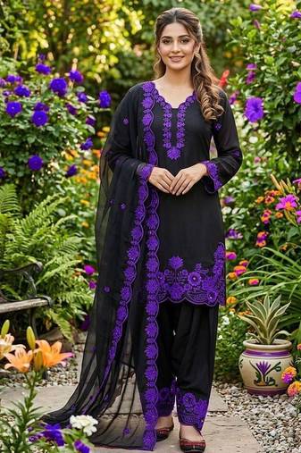 Purple crape silk farshi salwar suit with organza dupatta