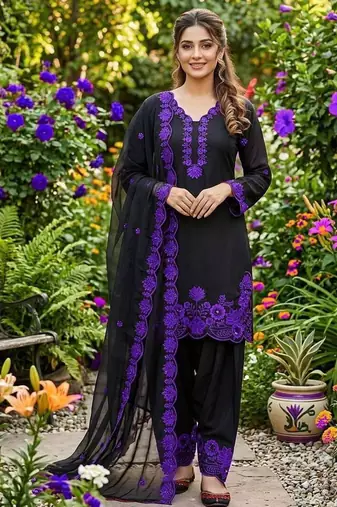 Purple crape silk farshi salwar suit with organza dupatta